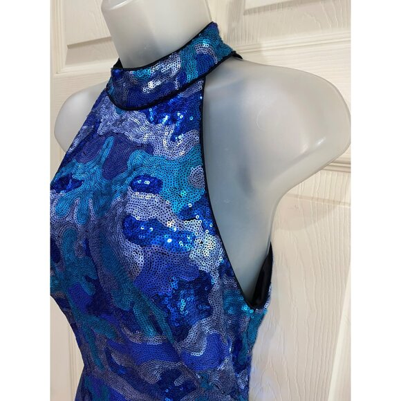 SHO By Tadashi Shoji Blue & Turquoise Sequin Camo Halter Mini Dress 19” Armpit T - Picture 5 of 8